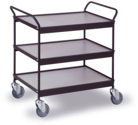 Ein schwarzer, dreistöckiger Servierwagen mit Metallrahmen und vier Rollen. Geeignet für den Transport von Gegenständen in Innenräumen.