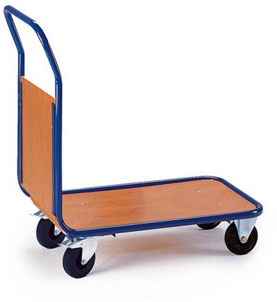 Ein blauer Transportwagen mit vier Rädern und Holzplattform.