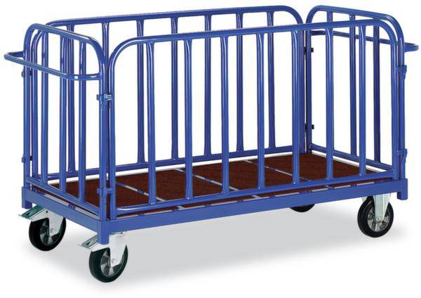 Blauer Metall-Transportwagen mit hohen Gittern, vier Rädern und flachem Boden, geeignet zum Transport von großen Gegenständen.