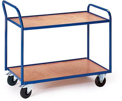 Ein zweistöckiger Servierwagen mit blauen Metallrahmen und Holzflächen. Der Wagen hat vier schwarze Rollen für Mobilität.