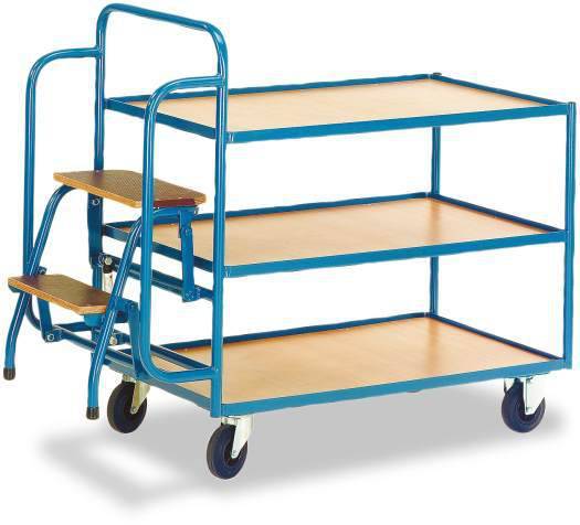 Dreistöckiger blauer Transportwagen mit integrierter klappbarer Leiter, auf Rollen für einfachen Transport von Gegenständen.