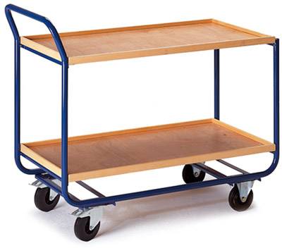Metallwagen mit zwei Holzablagen, vier Rollen, geeignet für den Transport von Gegenständen in Werkstätten oder Lagern.