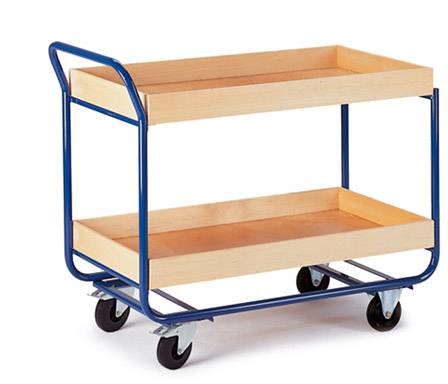 Zweistöckiger Rollwagen mit blauem Metallrahmen und Holzregalen, auf vier Rollen zum einfachen Transport von Gegenständen.