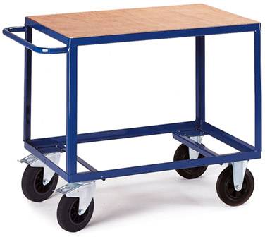 Ein blauer Metallwagen mit vier Rädern und einer Holzplatte oben. Der Wagen hat einen Griff an einer Seite zum Schieben.