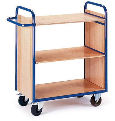 Dreistöckiger Holz-Transportwagen mit blauen Metallrahmen und vier Rädern für den Einsatz in Lagern oder Bibliotheken.