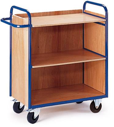 Holzwagen auf vier Rollen mit zwei offenen Regalfächern und blauem Metallrahmen.