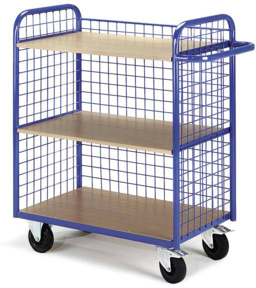 Blauer Rollwagen mit drei Holzregalen und vier Rollen, geeignet für den Transport von Gegenständen in Lager- oder Büroumgebungen.
