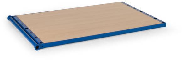 Eine flache Holzplattform mit blauer Umrandung, die an den Kanten mit mehreren Löchern versehen ist.