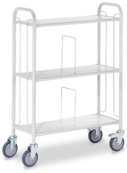 Metallwagen mit drei Regalen und Rollen an den Beinen. Geeignet für den Transport von Gegenständen in Büros oder Lagern.