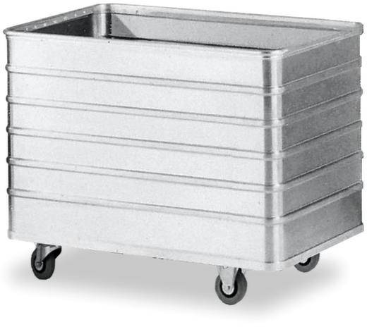 Ein rechteckiger, silberner Metallbehälter auf vier Rollen, ideal für die Lagerung oder den Transport von großen Gegenständen.