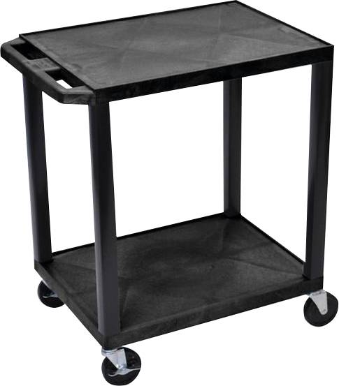 Ein schwarzer Rollwagen mit zwei Ebenen und vier Rollen, geeignet zum Transport oder zur Aufbewahrung von Gegenständen.