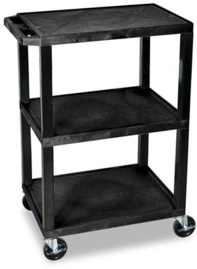 Ein dreistöckiger schwarzer Servierwagen mit vier Rollen, geeignet für Transportzwecke in Büros oder Lagern.