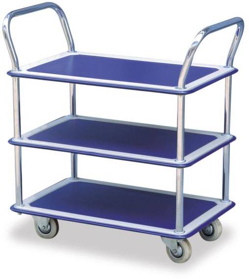 Ein blauer Servierwagen mit drei Ebenen und silbernem Metallrahmen auf vier Rädern. Ideal für den Transport von Gegenständen.