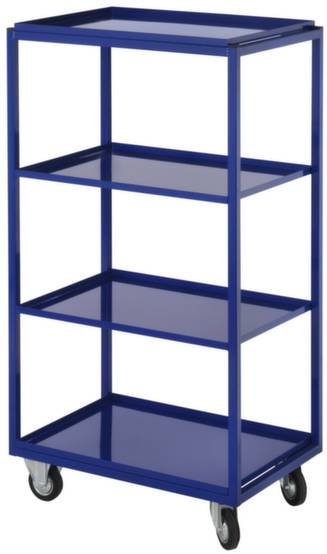 Blauer Metallregalwagen mit vier Regalböden und Rollen. Geeignet für Lagerung und Transport von Gegenständen in Lager- oder Werkstattumgebungen.