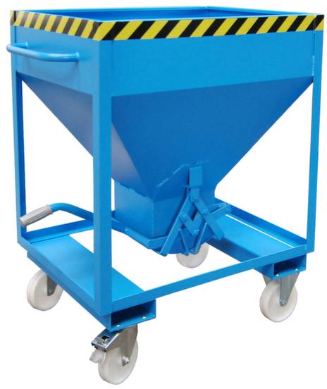Blauer Industriebehälter auf Rollen mit gelben Warnstreifen am oberen Rand, geeignet für den Transport von Schüttgut.