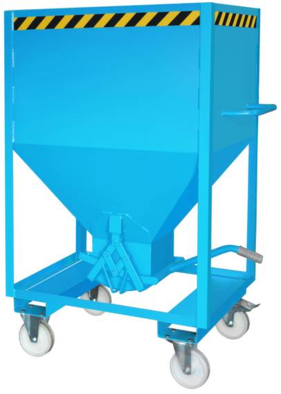 Ein blauer Trichterbehälter auf Rollen mit gelb-schwarzem Warnstreifen an der Oberkante.