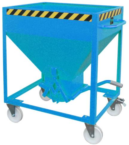Ein blauer Transporttrichter mit gelb-schwarzen Warnstreifen oben, montiert auf einem Rollgestell mit vier weißen Rollen.
