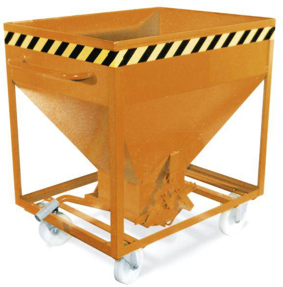 Industriebehälter auf Rollen, orange mit Sicherheitsstreifen. Verwendet zum Transport von Materialien in einer Fabrikumgebung.