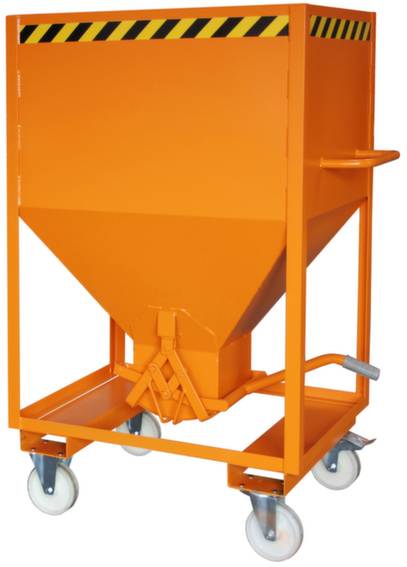 Oranger Metallbehälter auf Rollen, mit gelb-schwarzer Warnmarkierung. Verwendet für industrielle Zwecke, mit Griffen und Auslass unten.