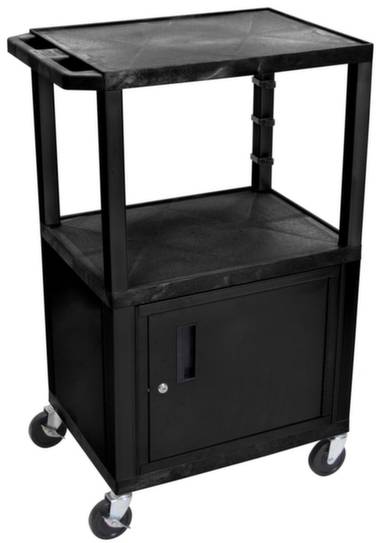 Schwarzer, rollbarer Wagen mit zwei Ebenen und einem abschließbaren Fach unten. Ideal für den Transport von Geräten oder Materialien.