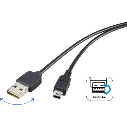 Renkforce USB-Kabel USB 2.0 USB-A Stecker, USB-Mini-B Stecker 1.80m Schwarz beidseitig verwendbarer Stecker, vergoldete