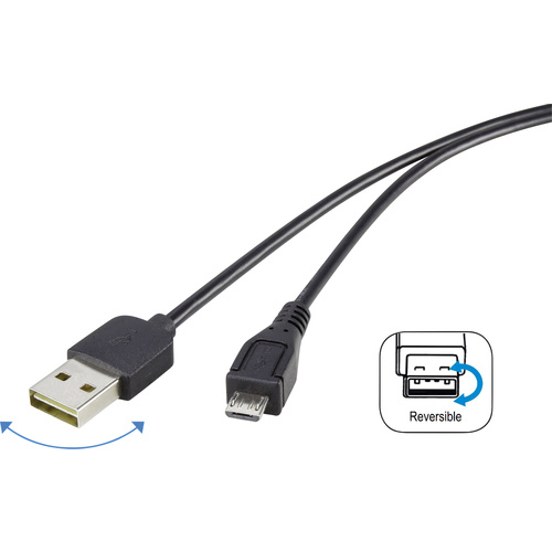 Renkforce USB-Kabel USB 2.0 USB-A Stecker, USB-Micro-B Stecker 1.80m Schwarz beidseitig verwendbarer Stecker, vergoldete