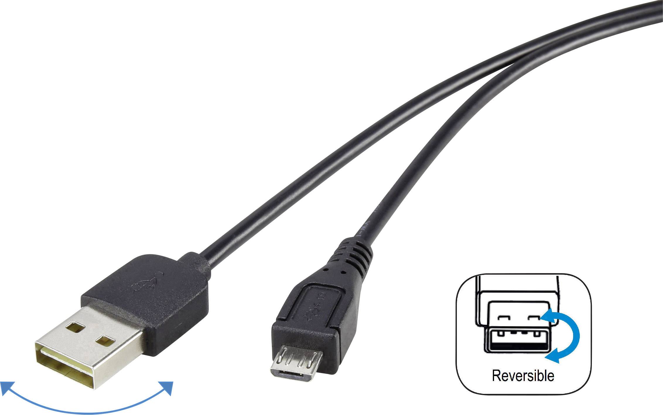 Ein USB-Kabel mit USB-A und Micro-USB-Anschluss; eine Grafik zeigt, dass der USB-A-Stecker beidseitig einsteckbar ist.