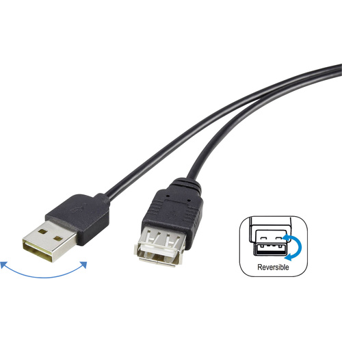 Renkforce USB-Kabel USB 2.0 USB-A Stecker, USB-A Buchse 1.80m Schwarz beidseitig verwendbarer Stecker, vergoldete Steckkontakte