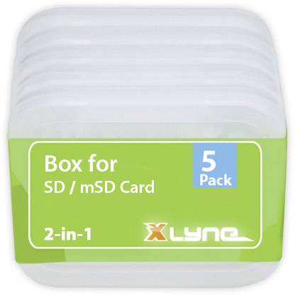 Transparente Kunststoffbox für SD/mSD-Kartenaufbewahrung, 5er-Pack, mit grünem Etikett und '2-in-1' Beschriftung.