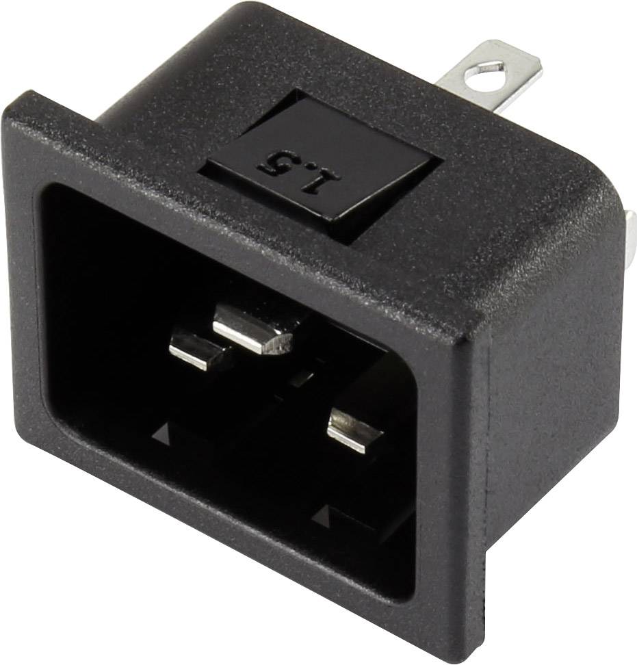 Schwarzer IEC-Netzgerätestecker mit seitlichen Anschlussstiften, geeignet für die Stromversorgung in elektronischen Geräten.