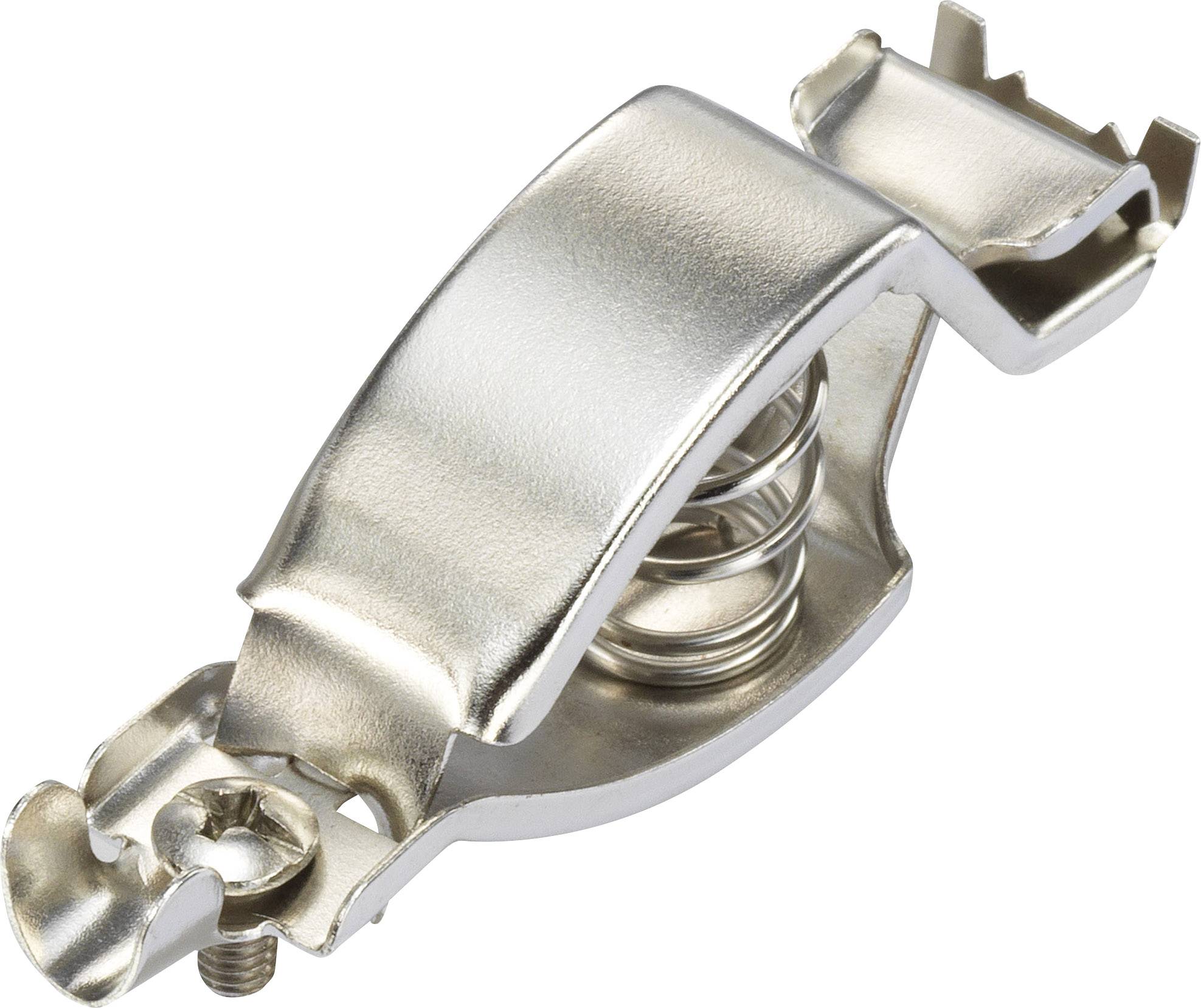 Metallisches Scharnier mit Federmechanismus, oft in Möbeln zur Türbefestigung verwendet. Es ist silbern und glänzend.