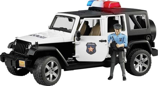 Spielzeugmodel eines Polizeijeep mit Miniatur-Polizist davor. Fahrzeug hat Polizei-Schriftzug und rote, blaue Lichter.