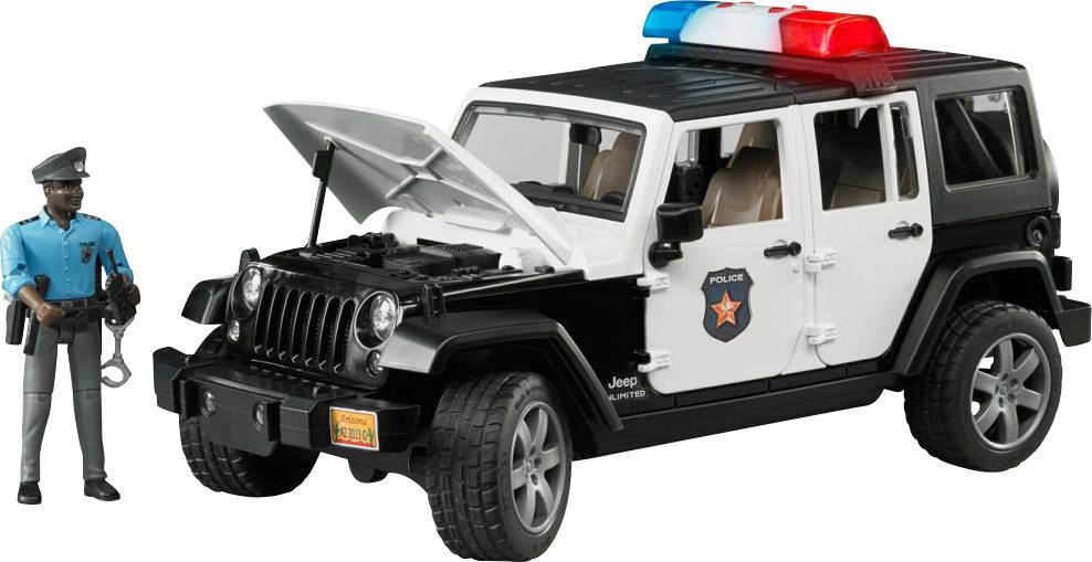 Ein Polizeiauto-Spielzeug mit geöffnetem Motorhaube und Lichtleiste. Daneben steht eine Polizisten-Figur mit Handschellen.