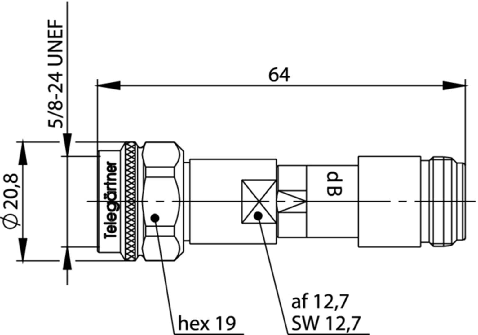 Technische Zeichnung eines Adapters mit Maßen: Länge 64 mm, Durchmesser 20,8 mm, Gewinde 5/8-24 UNEF, hex 19 mm, Schlüsselweite 12,7 mm.
