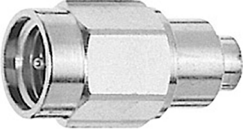 Ein silberner Koaxialadapter mit sechskantiger Überwurfmutter, dient zur Verbindung von Koaxialkabeln in Kommunikationssystemen.