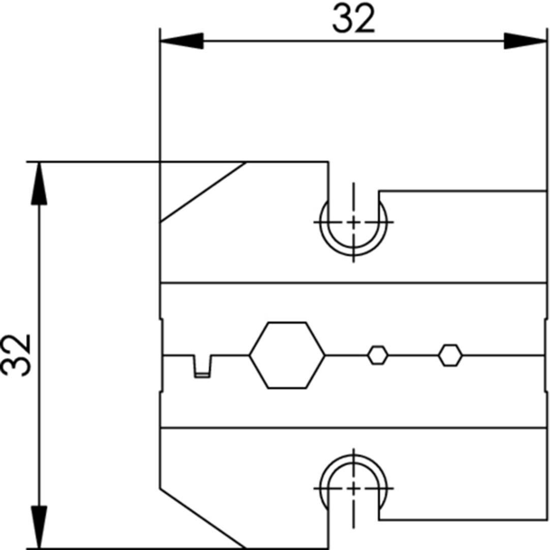 Technische Zeichnung eines Bauteils mit Maßen 32x32. Markierte Aussparungen und Formen in der Mitte und an den Kanten.