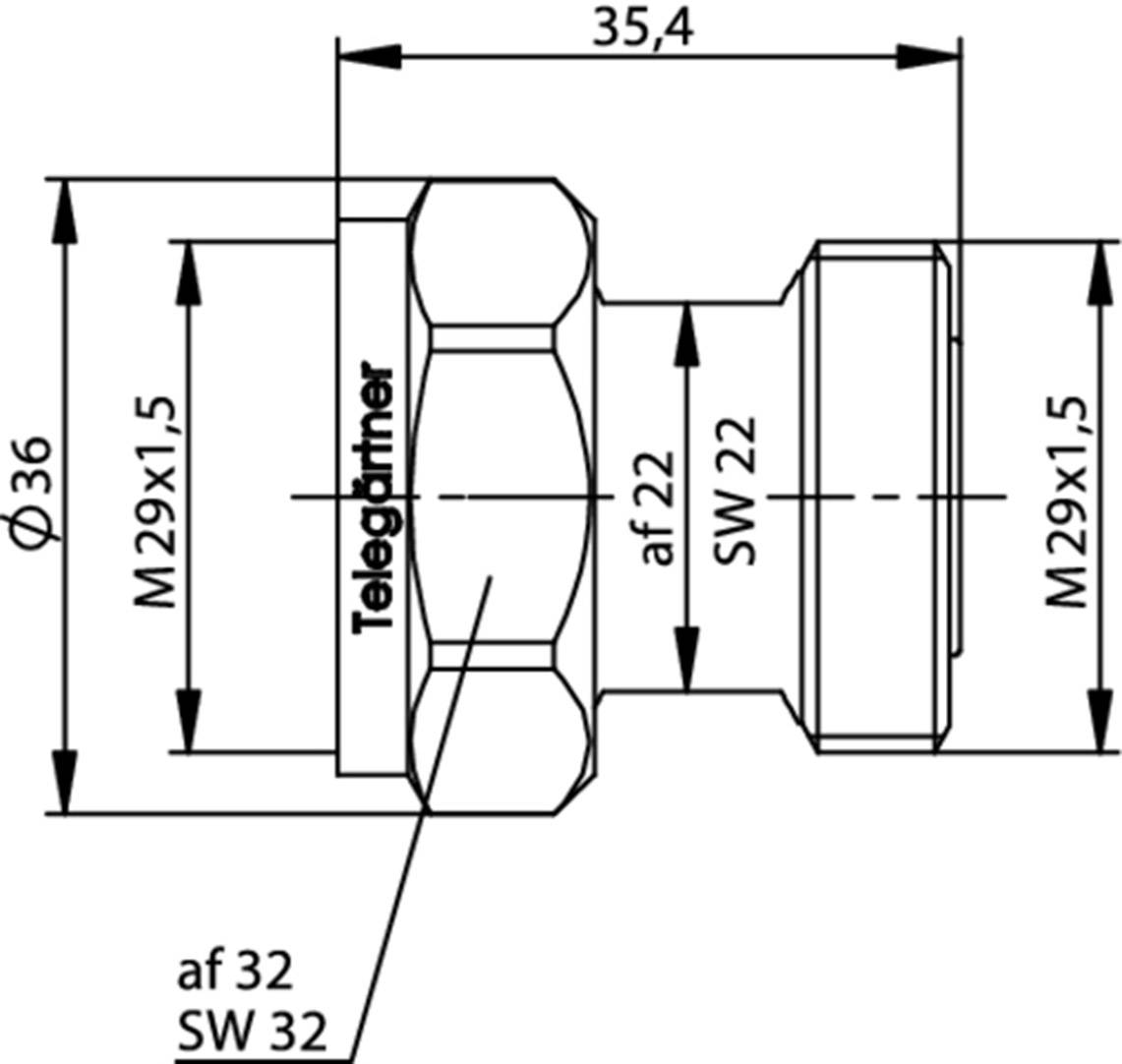 Technische Zeichnung eines Adapters mit Abmessungen: Außendurchmesser 36 mm, Gesamtlänge 35,4 mm, Gewindemaße M29x1,5.