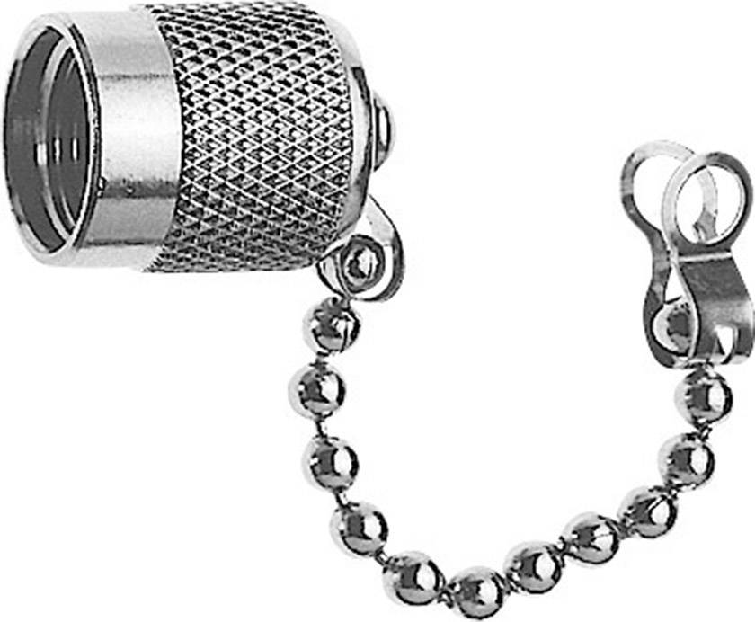 Eine silberne Schutzkappe mit Kette, oft verwendet, um Anschlüsse zu schützen. Sie hat eine geriffelte Oberfläche für besseren Halt.