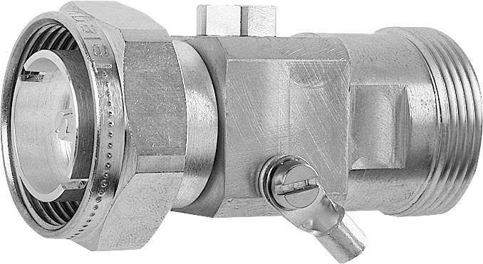 Ein verchromtes Rohrventil mit einem drehbaren Hebel und einem Gewindeanschluss, typisch für Wasserinstallationen.