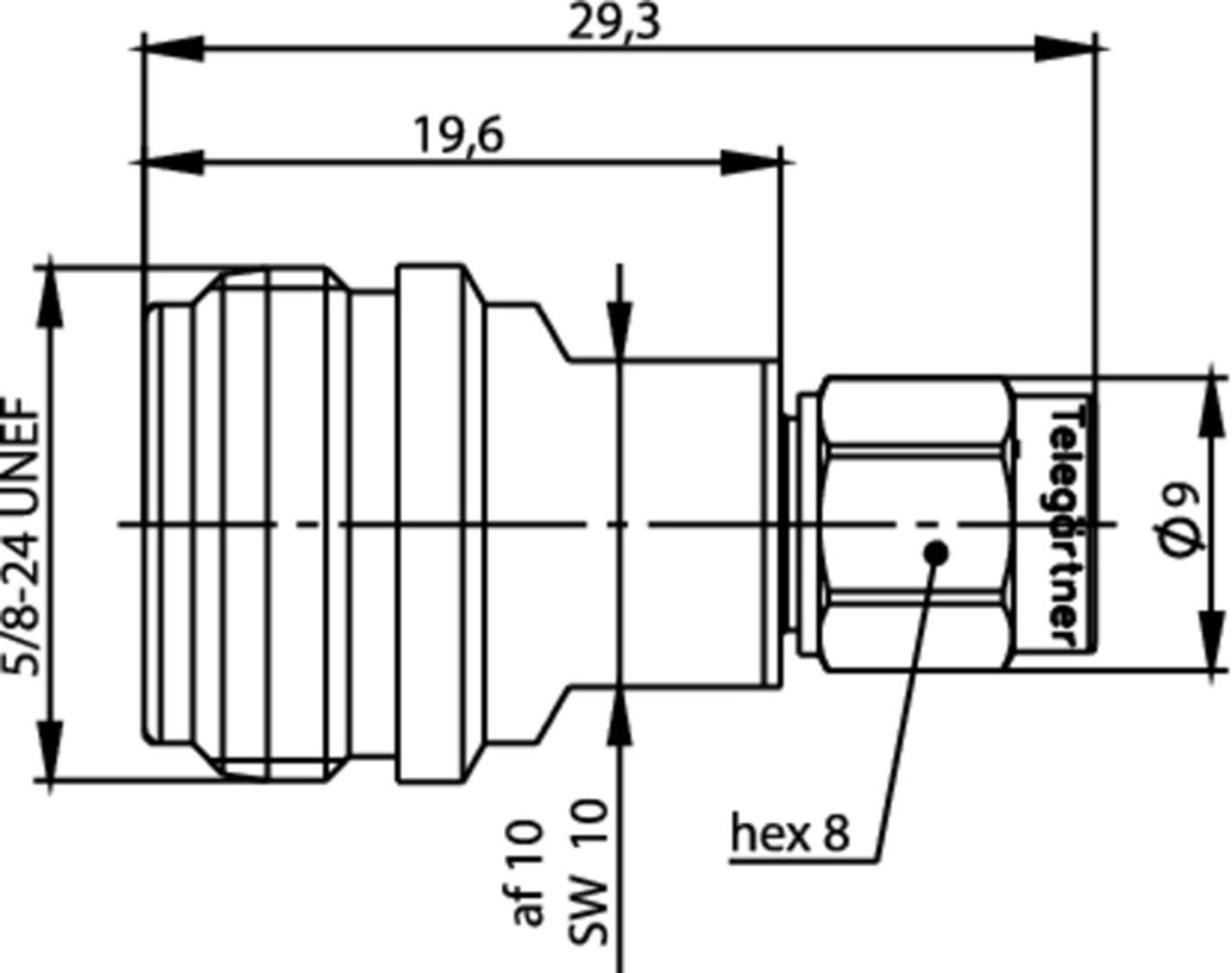 Technische Zeichnung eines Anschlussadapters mit Maßen in Millimetern. Hauptmerkmale: Länge 29,3 mm, 5/8-24 UNEF-Gewinde, hex8.