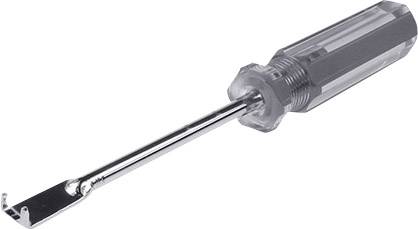 Ein Metallhebelwerkzeug mit durchsichtigem Griff, verwendet zum Entfernen von Heftklammern aus Papierstapeln.