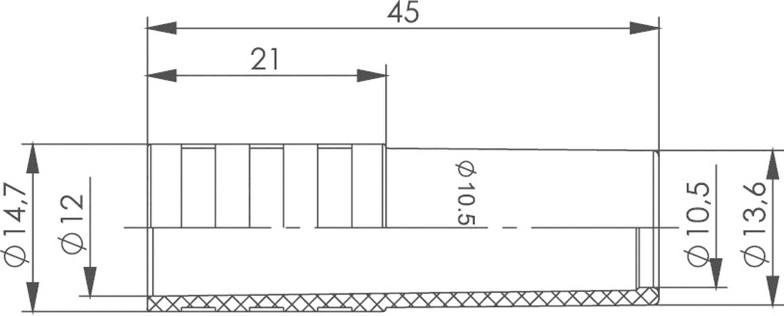 Technische Zeichnung eines Zylinders mit Maßen: Gesamtlänge 45 mm, Innendurchmesser 10,5 mm, verschiedene Außendurchmesser und Gewindeschnitte.