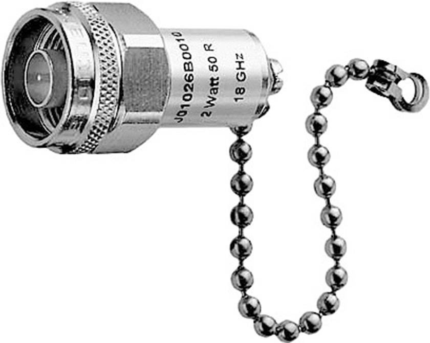 Ein koaxialer Hochfrequenz-Steckverbinder mit Angabe '2 Watt 50 R 18 GHz' und einer Kugelkette zur Sicherung der Kappe.