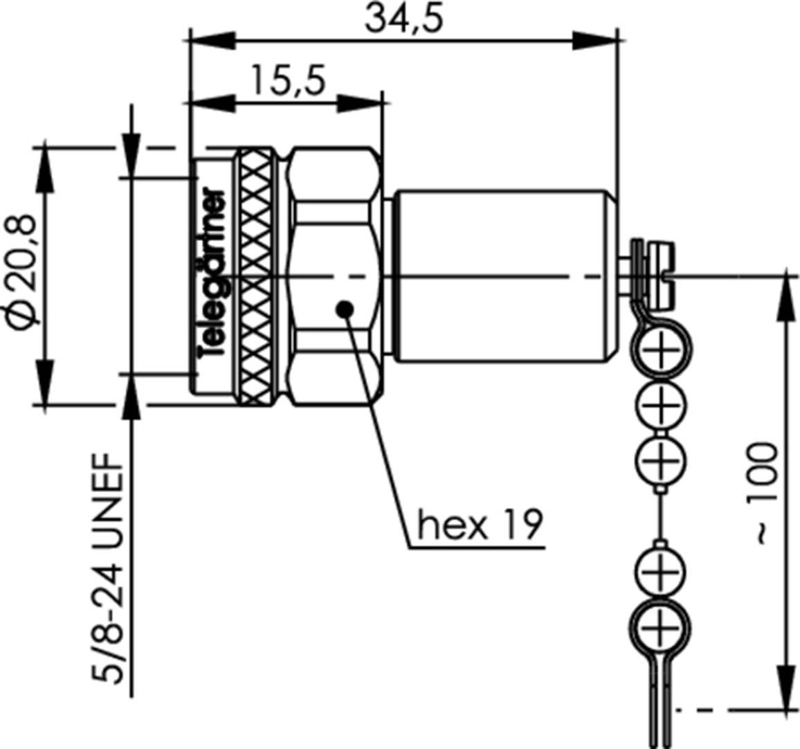 Technische Zeichnung von einem Stecker mit Kettenverschluss, Maße in mm angegeben, inklusive Durchmesser, Länge und Gewindegröße.