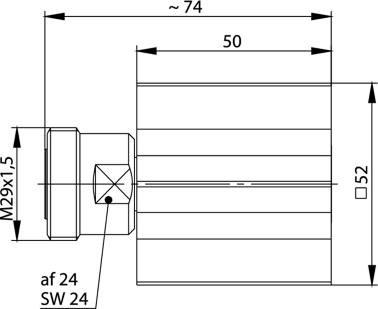 Technische Zeichnung eines zylindrischen Bauteils mit Maßen: Durchmesser 52 mm, Länge 50 mm, Gesamtlänge ca. 74 mm, Gewinde M29x1,5.
