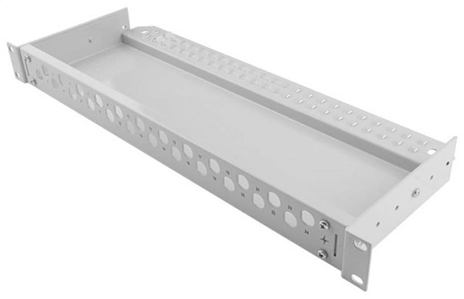 Ein grauer Metall-Faseroptik-Spleißkasten mit mehreren runden Löchern, geeignet zur Montage in einem 19-Zoll-Rack-System.