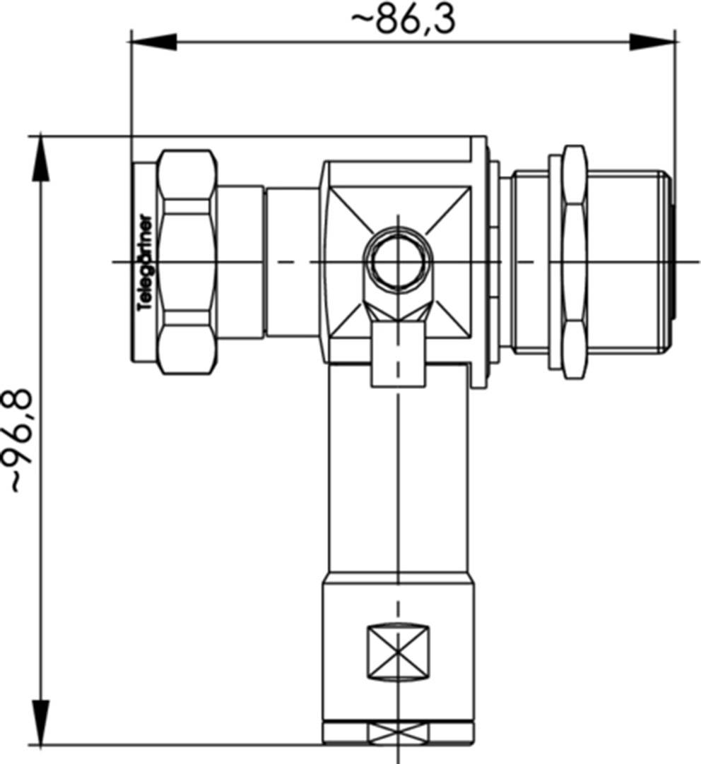 Technische Zeichnung eines T-Stücks mit dimensionierten Abmessungen: Breite ca. 86,3 mm, Höhe ca. 96,8 mm.