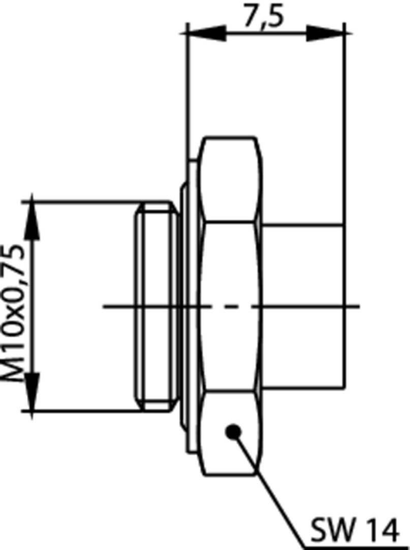 Technische Zeichnung einer Sechskantmutter mit den Maßen: Gewinde M10x0,75 mm, Breite 7,5 mm, Schlüsselweite SW 14.