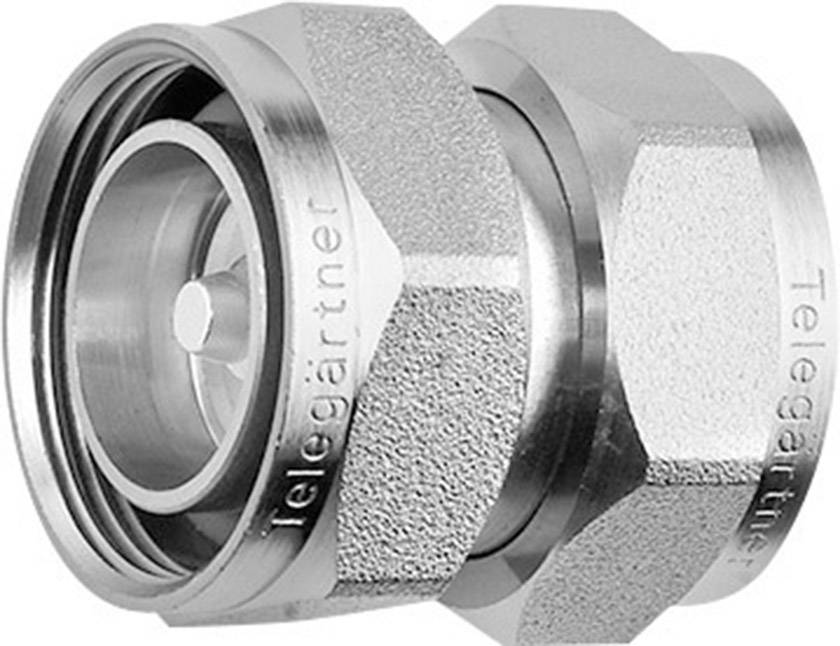 Ein glänzender Metalladapter von Telegärtner, zeigt ein sechseckiges Design.