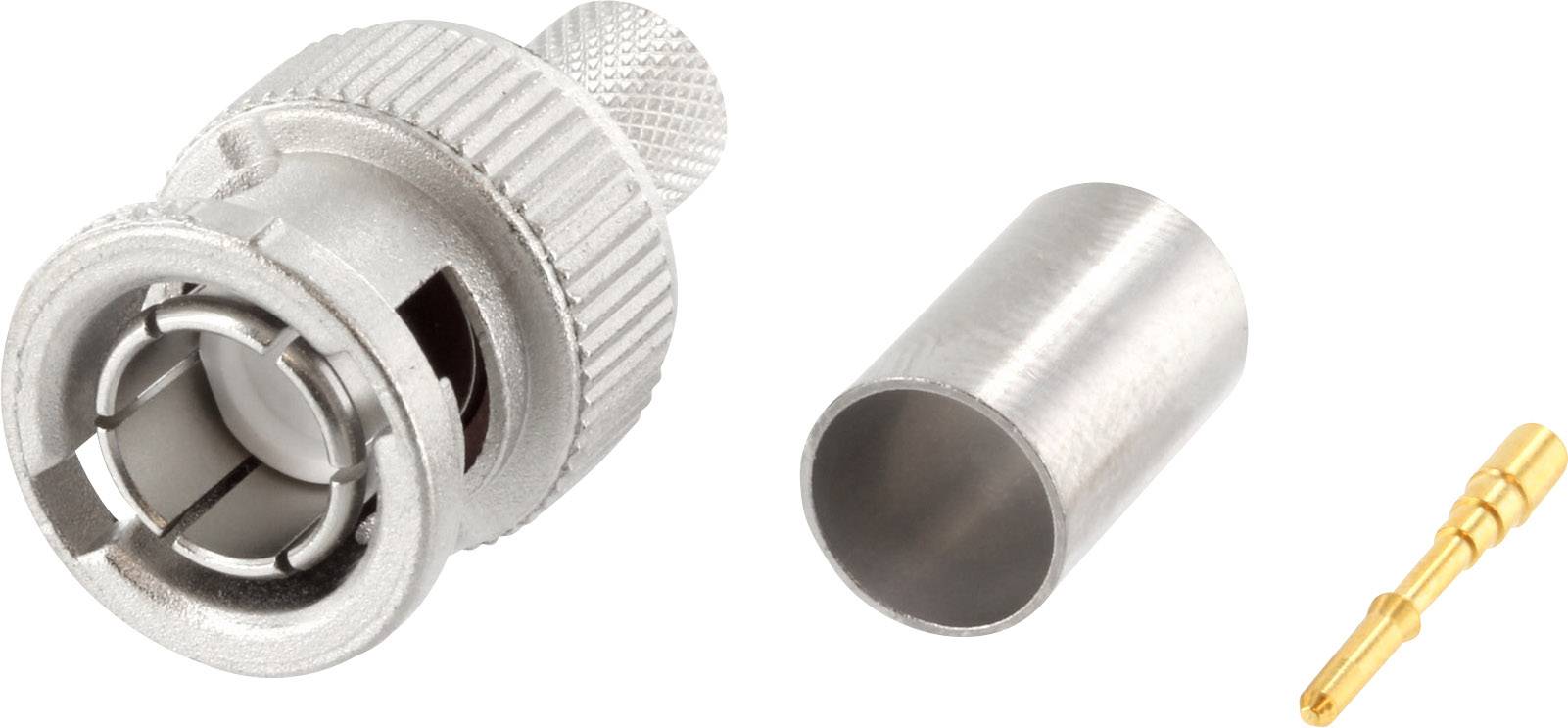 BNC-Stecker-Komponenten: Metallsteckergehäuse, Hülse und goldfarbener Kontaktstift.